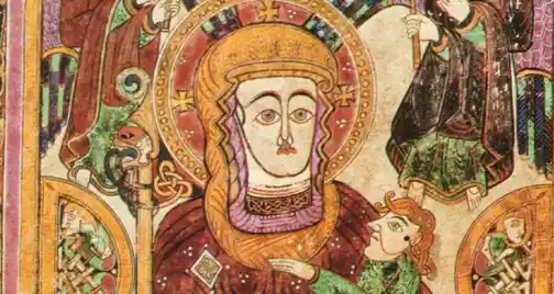 close up of face on the book of kells manuscript