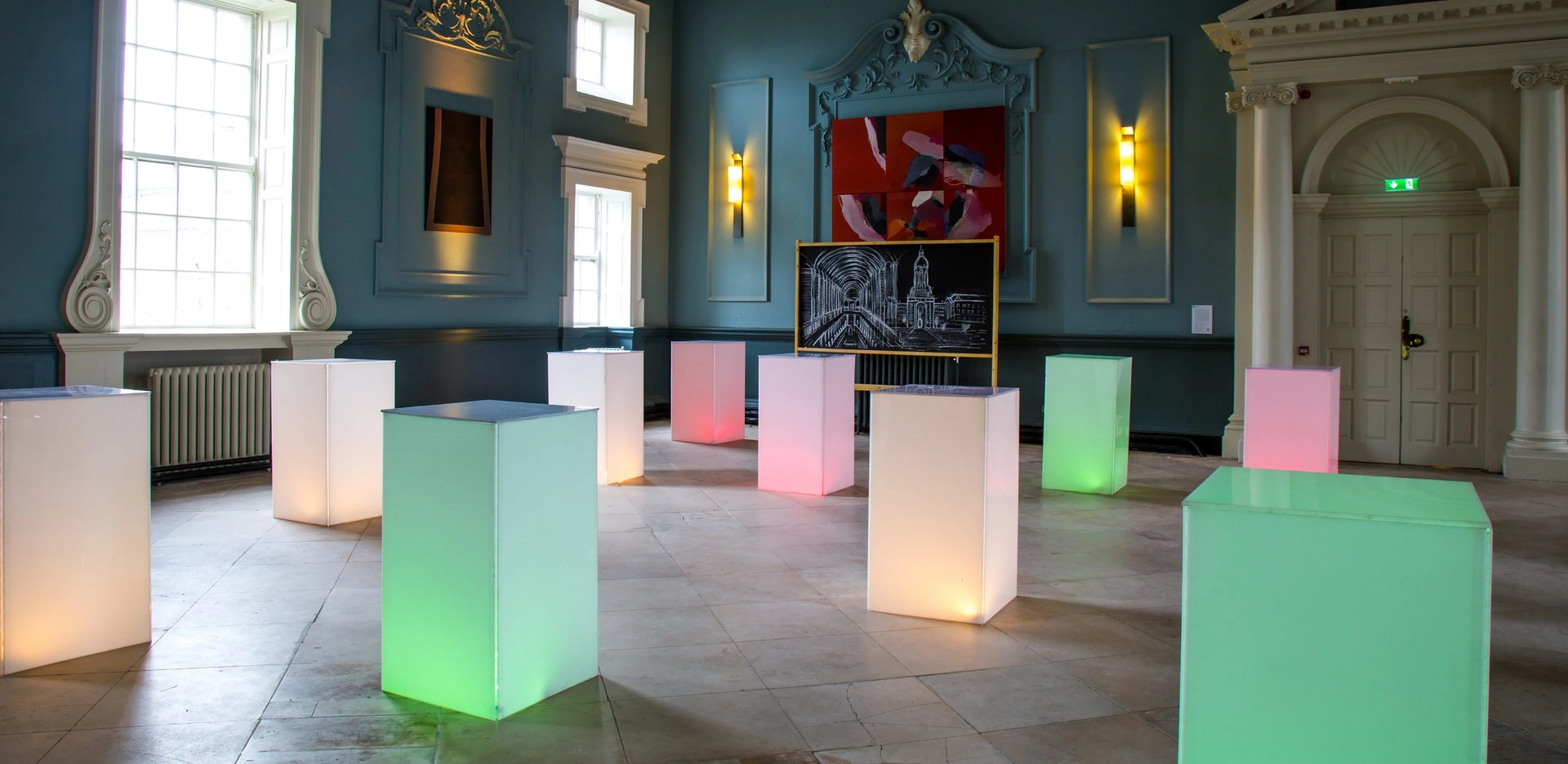 bright coloured cubes in a meeting room at trinity college