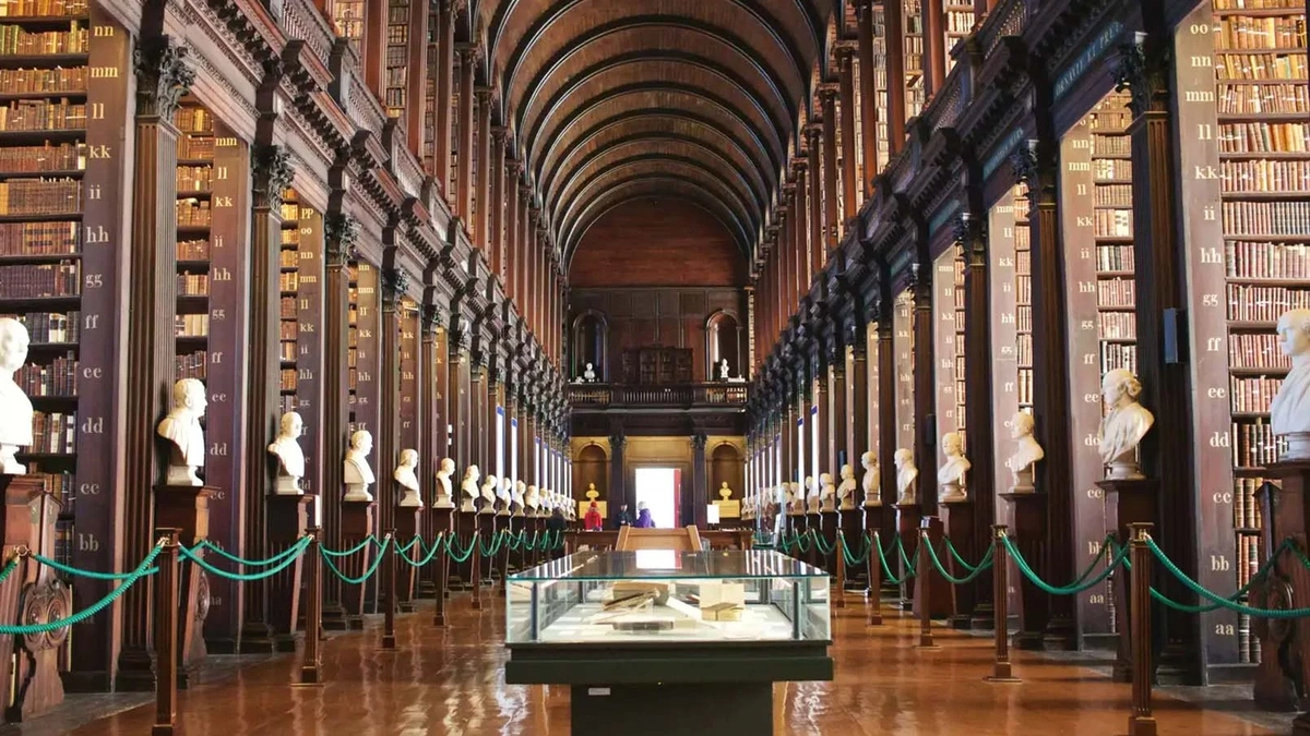 display cases and busts in a long library