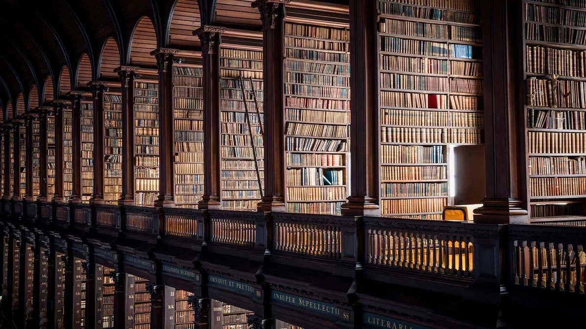 shelves of books in the upper gallery of the long room trinity college dublin
