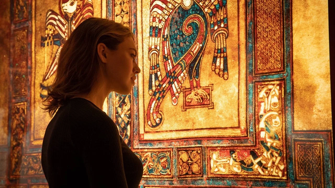 woman looking at enlarged section of the book of kells on a wall