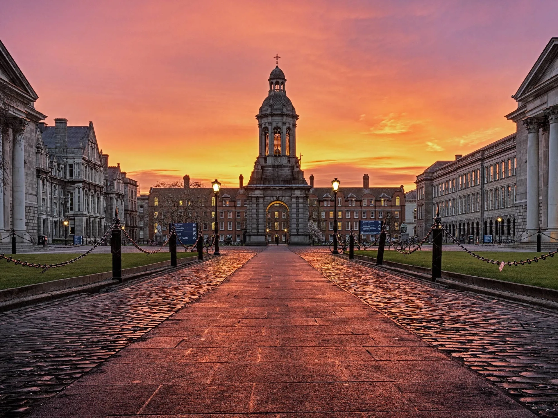 trinity college campus path at sunset