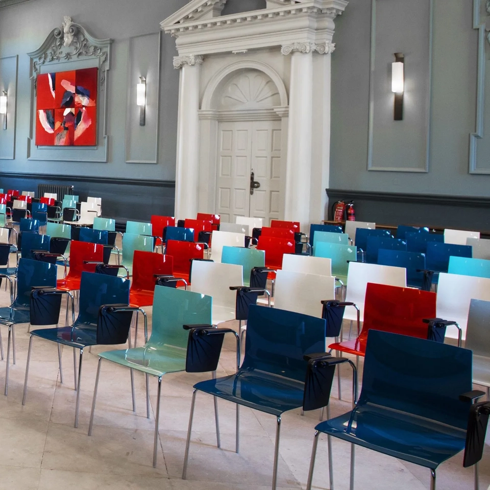 close up of chairs in trinity college meeting room